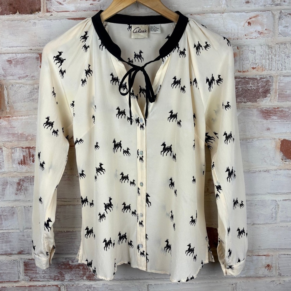 Vintage Silk Deer Print Blouse Tie Neck Cream Black Woodland Cottagecore Medium